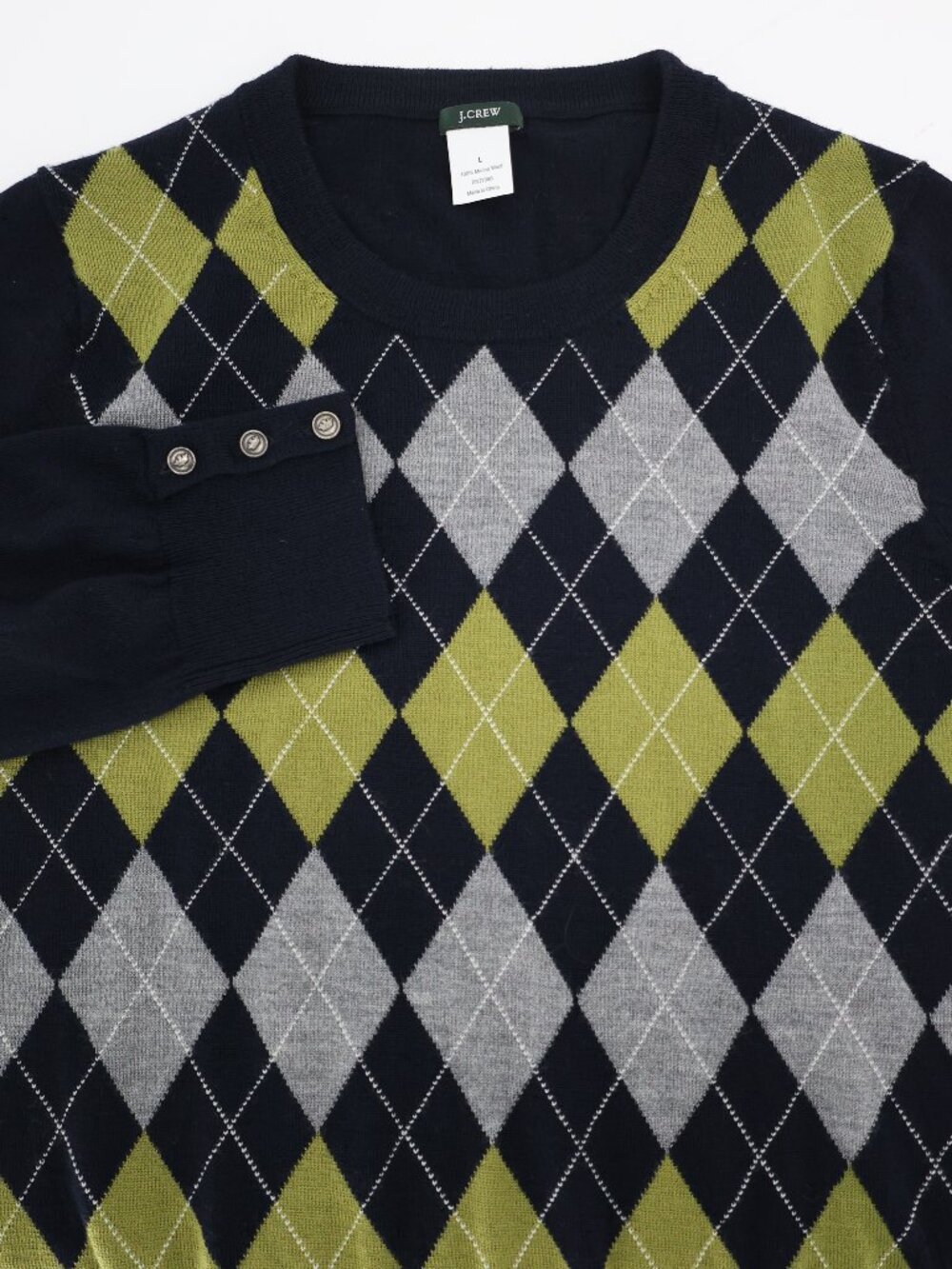 J Crew Sweater Women Large Argyle Diamond Merino Wool Crew Neck Long Sleeve knit